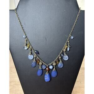 Vintage Bohemian Blue and Gold Beaded Necklace Brass Colored Findings You & I